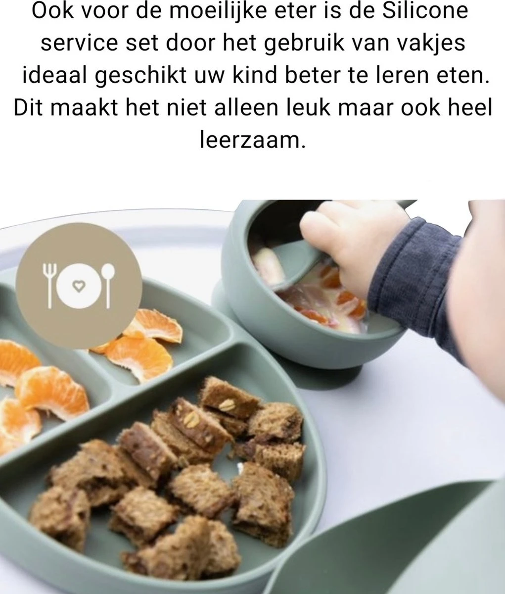 Baby-V® 4 Delig Siliconen Kinderservies Set Met Zuignap - Kinderbord Met Vakjes - Vaatwasserbestendig - Siliconen Servies Baby Met Zuignap - Kinderserviesset - Groen 10 Baby-V® 4 Delig Siliconen Kinderservies Set Met Zuignap - Kinderbord Met Vakjes - Vaatwasserbestendig - Siliconen Servies Baby Met Zuignap - Kinderserviesset - Groen - Afbeelding 8
