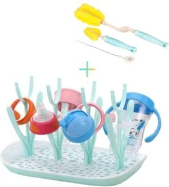 Flessen Droogrek Inclusief Borstelset - Afdruiprek Babyflessen Met Flessenborstels - Flessendroogrek Met Lekbak - Mint -Happy Horse Winkel 1086x1200