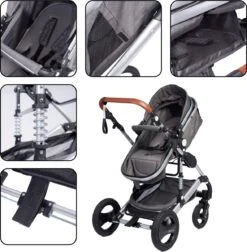 Bronea EXQUISE Luxe Multi-functionele Kinderwagen 3 In 1 | Zwart / Silver | Incl. MATRAS, Buggy, Autostoel, Luiertas, Regenhoes, Voetenwarmer, Muggen Net & Zonneklep -Happy Horse Winkel 1178x1200 2