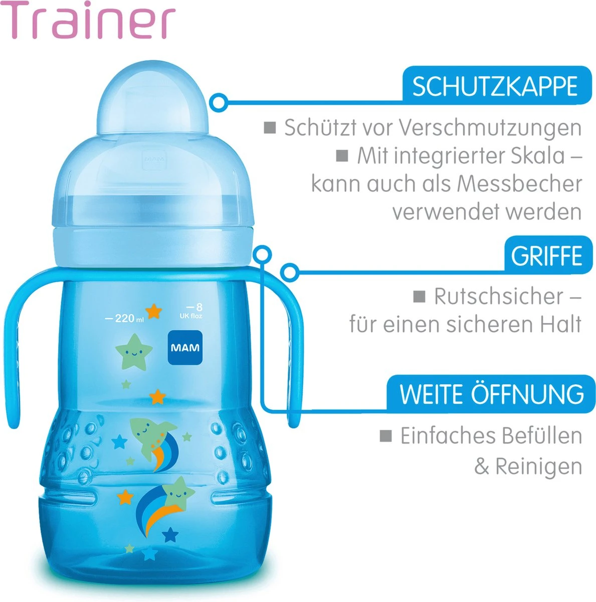 MAM Trainer+ | MAM Drinkbeker | MAM Drinkfles | Blauw | 220ML 6 MAM Trainer+ | MAM Drinkbeker | MAM Drinkfles | Blauw | 220ML - Afbeelding 4
