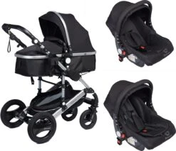 Bronea EXQUISE Luxe Multi-functionele Kinderwagen 3 In 1 | Zwart / Silver | Incl. MATRAS, Buggy, Autostoel, Luiertas, Regenhoes, Voetenwarmer, Muggen Net & Zonneklep -Happy Horse Winkel 1200x1036 1