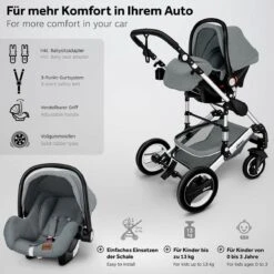 KIDUKU- 3 In 1 Combi-kinderwagen- Grijs/zilver- Buggy Incl. Autostoeltje-regenhoes- Inklapbaar -Happy Horse Winkel 1200x1200 1486