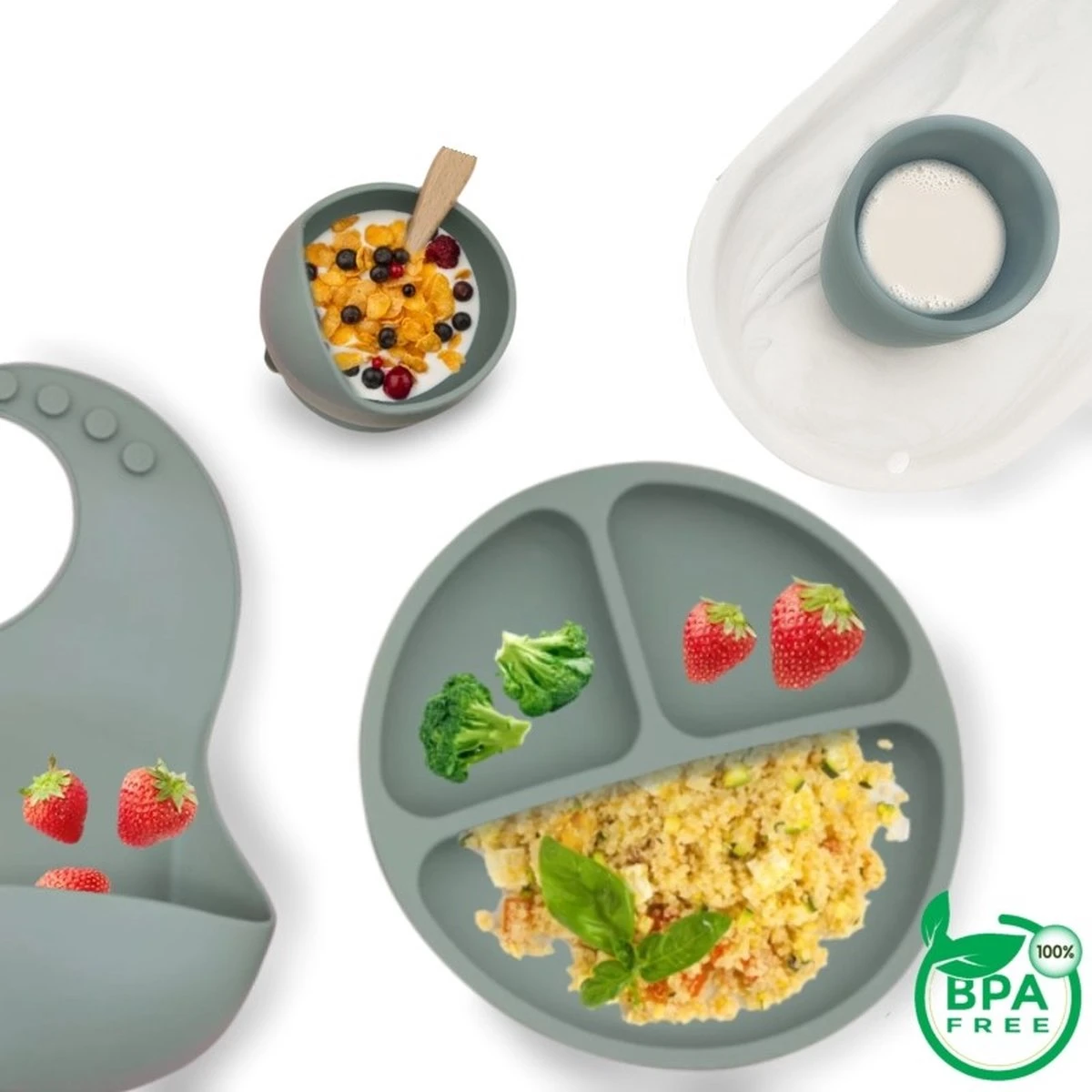 Baby-V® 4 Delig Siliconen Kinderservies Set Met Zuignap - Kinderbord Met Vakjes - Vaatwasserbestendig - Siliconen Servies Baby Met Zuignap - Kinderserviesset - Groen 9 Baby-V® 4 Delig Siliconen Kinderservies Set Met Zuignap - Kinderbord Met Vakjes - Vaatwasserbestendig - Siliconen Servies Baby Met Zuignap - Kinderserviesset - Groen - Afbeelding 7