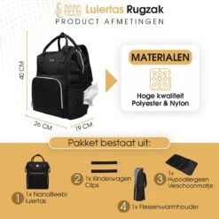 NanaBeebi Luiertas Rugzak Met Verschoonmatje - Zwart - Inclusief Flessenwarmhouder - Kinderwagenhaken En Isoleervak -Happy Horse Winkel 1200x1200 912