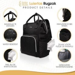 NanaBeebi Luiertas Rugzak Met Verschoonmatje - Zwart - Inclusief Flessenwarmhouder - Kinderwagenhaken En Isoleervak -Happy Horse Winkel 1200x1200 918