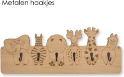Jooba® Kinderkapstok Voor Kinderkamer - 6 Metalen Haken - XL - Hout -Wandkapstok - Kapstok Met Dieren - Met Bevestigingsmateriaal