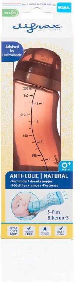 Difrax Anti-Colic S-Babyfles Natural - 250 Ml - Brick/Roodbruin -Happy Horse Winkel 320x1200
