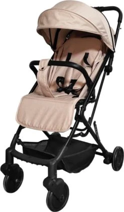 WOOSH New Buggy - Sand / Black - One Hand Folding - 3 Slaapstanden - Wandelwagen Tot 25 Kg - Regenhoes - Bekerhouder - Muggennet