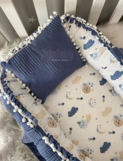 Jaju Baby - Babynestje En Hoofdkussen - Organische Katoen - Antibacterieel Babynestje - Anti-Allergisch Babynestje - Spijkerbroek Blauw - 74 X 40 Cm -Happy Horse Winkel 918x1200