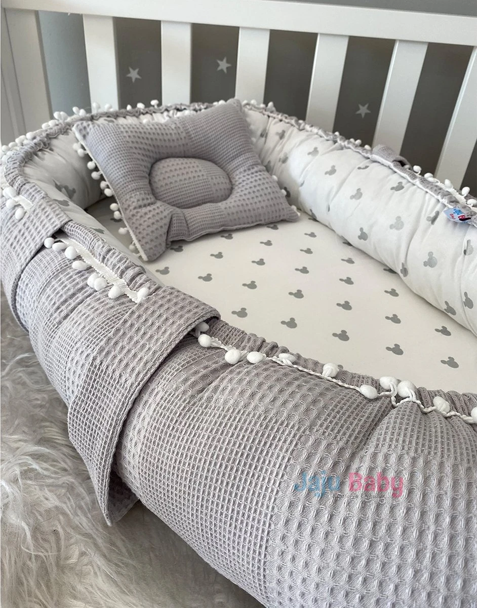 SNS Baby - Babynestje En Hoofdkussen - Organische Katoen - Antibacterieel Babynestje - Anti-Allergisch Babynestje - Grijs En Muis Patroon - 74 X 40 Cm 4 SNS Baby - Babynestje En Hoofdkussen - Organische Katoen - Antibacterieel Babynestje - Anti-Allergisch Babynestje - Grijs En Muis Patroon - 74 X 40 Cm - Afbeelding 2