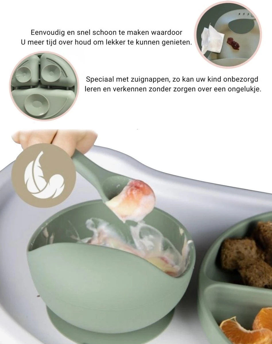 Baby-V® 4 Delig Siliconen Kinderservies Set Met Zuignap - Kinderbord Met Vakjes - Vaatwasserbestendig - Siliconen Servies Baby Met Zuignap - Kinderserviesset - Groen 8 Baby-V® 4 Delig Siliconen Kinderservies Set Met Zuignap - Kinderbord Met Vakjes - Vaatwasserbestendig - Siliconen Servies Baby Met Zuignap - Kinderserviesset - Groen - Afbeelding 6