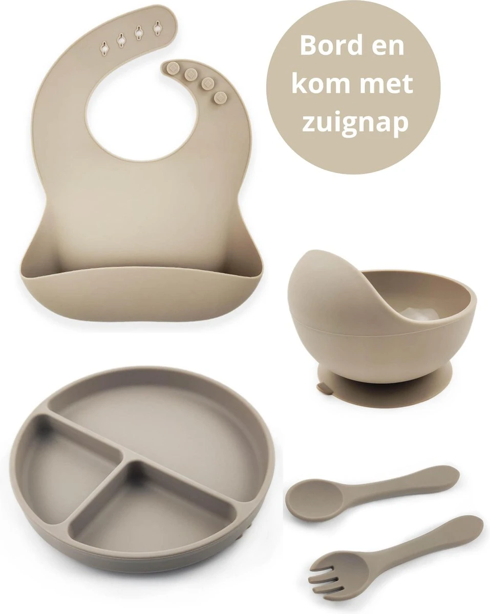 Ik Ben Zo Mooi Onbreekbaar Siliconen Kinderservies Met Zuignap Bordje Voor Baby En Peuter - Set Van 5 Stuks - Doeskin Zand 2 Ik Ben Zo Mooi Onbreekbaar Siliconen Kinderservies Met Zuignap Bordje Voor Baby En Peuter - Set Van 5 Stuks - Doeskin Zand
