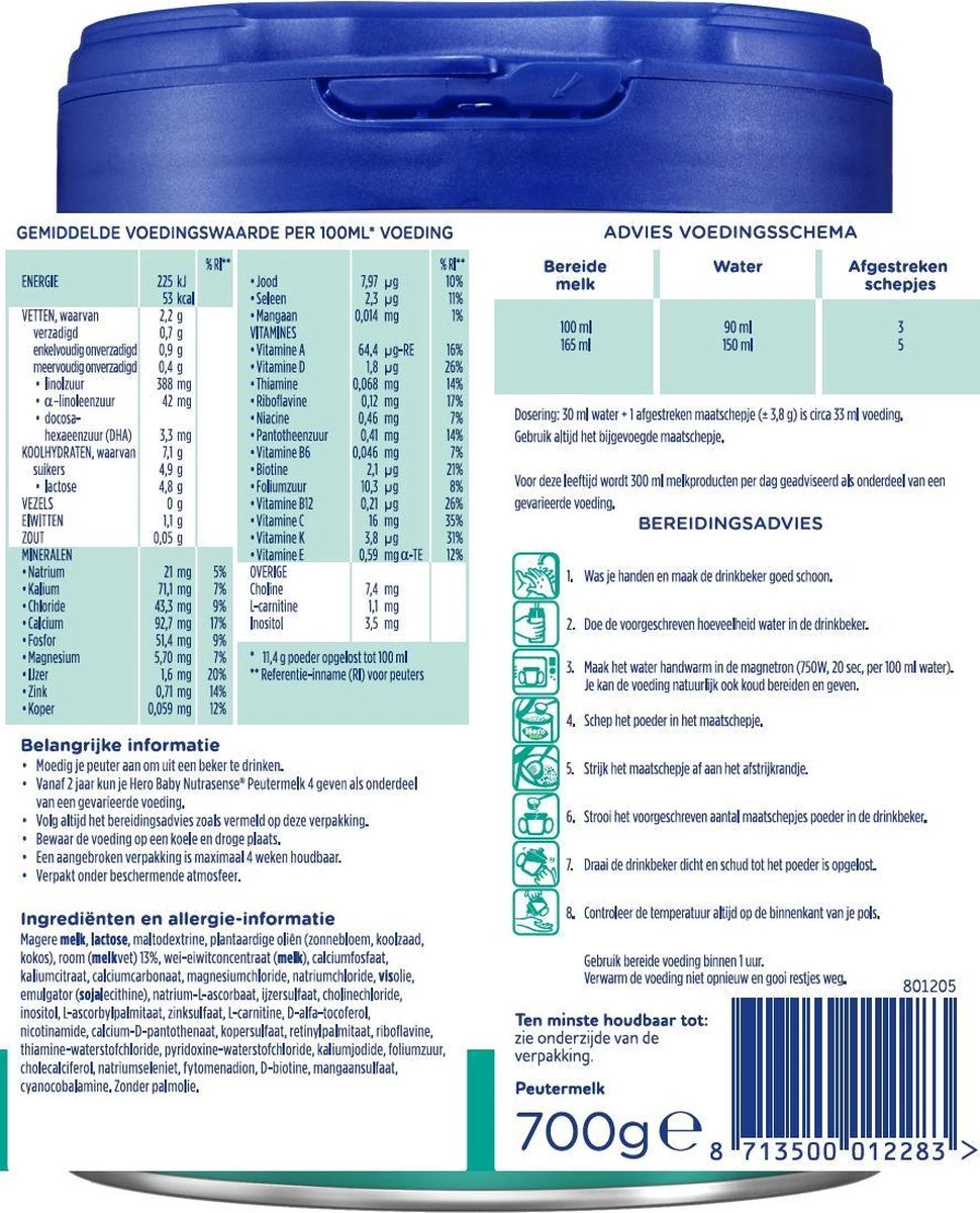Hero Baby Nutrasense 4 (2+ Jaar) - Flesvoeding - 3 X 700gr - Peutermelk - Met Melkvet - Palmolie Vrij 5 Hero Baby Nutrasense 4 (2+ Jaar) - Flesvoeding - 3 X 700gr - Peutermelk - Met Melkvet - Palmolie Vrij - Afbeelding 3