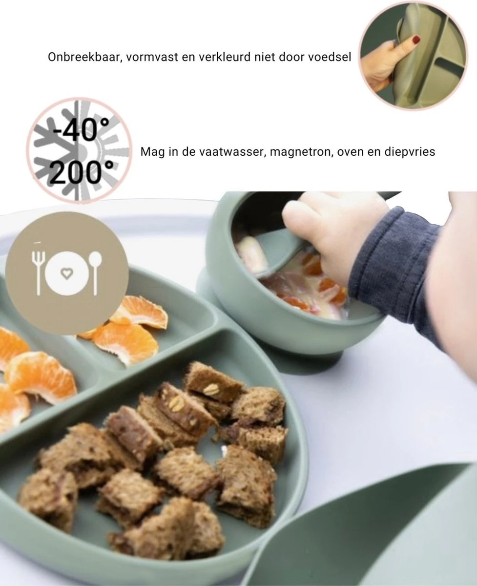 Baby-V® 4 Delig Siliconen Kinderservies Set Met Zuignap - Kinderbord Met Vakjes - Vaatwasserbestendig - Siliconen Servies Baby Met Zuignap - Kinderserviesset - Groen 11 Baby-V® 4 Delig Siliconen Kinderservies Set Met Zuignap - Kinderbord Met Vakjes - Vaatwasserbestendig - Siliconen Servies Baby Met Zuignap - Kinderserviesset - Groen - Afbeelding 9